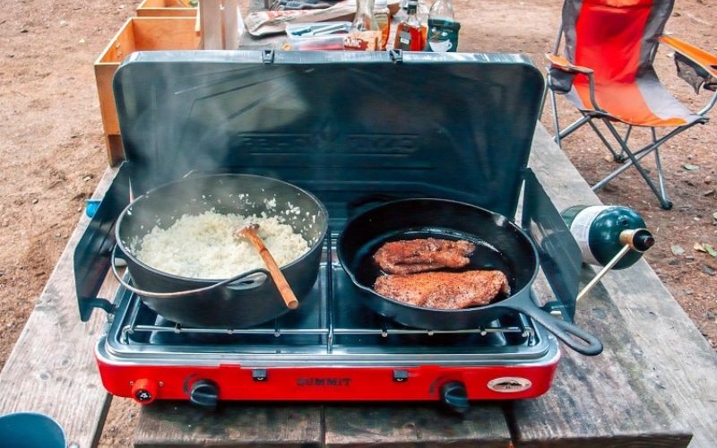 Cooking foods on a portable double burner gas stove