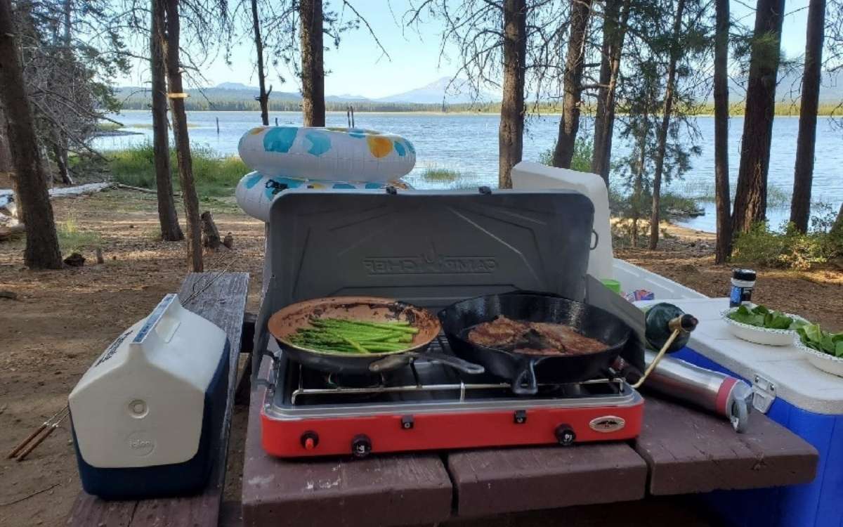 Photo shows a double burner portable stove for Best Portable Butane Stoves